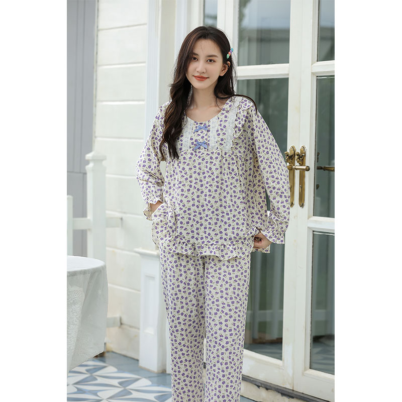 Sweet Style Pajamas For Women Spring And Autumn Long-Sleeved Pure Cotton Small Floral Lace Home Wear Set