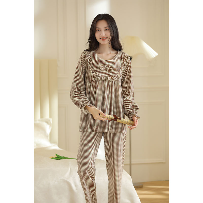 Premium Plaid Long-Sleeved Pure Cotton Pajamas Spring And Autumn Home Wear Trousers