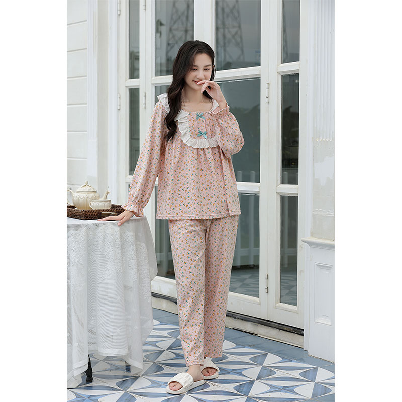 Sweet Style Pajamas For Women Spring And Autumn Long-Sleeved Pure Cotton Small Floral Lace Home Wear Set