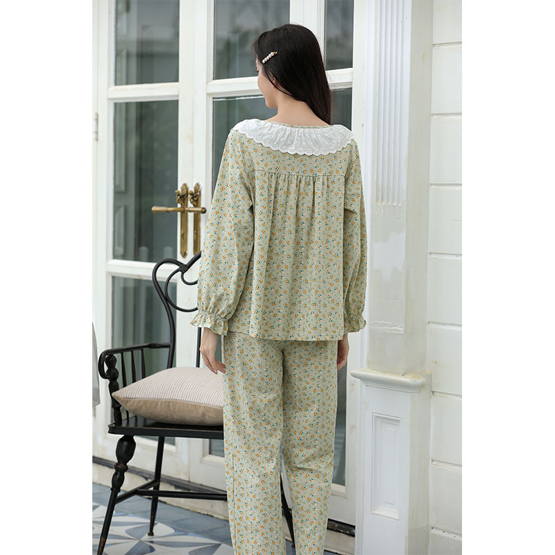 Sweet Style Pajamas For Women Spring And Autumn Long-Sleeved Pure Cotton Small Floral Lace Home Wear Set