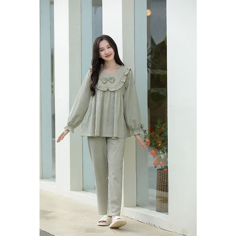 Premium Plaid Long-Sleeved Pure Cotton Pajamas Spring And Autumn Home Wear Trousers