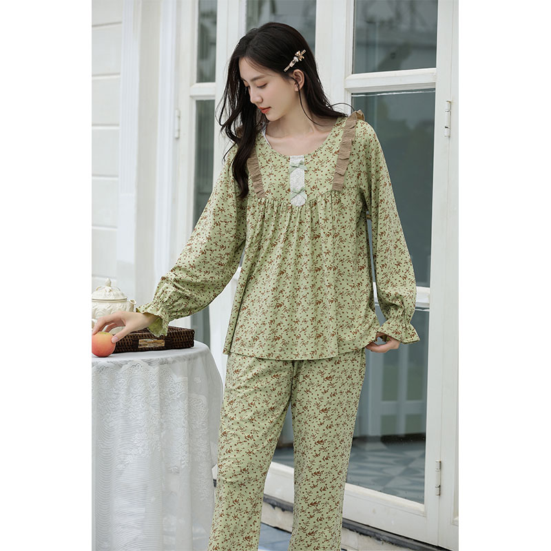 Sweet Style Pajamas For Women Spring And Autumn Long-Sleeved Pure Cotton Small Floral Home Wear Set