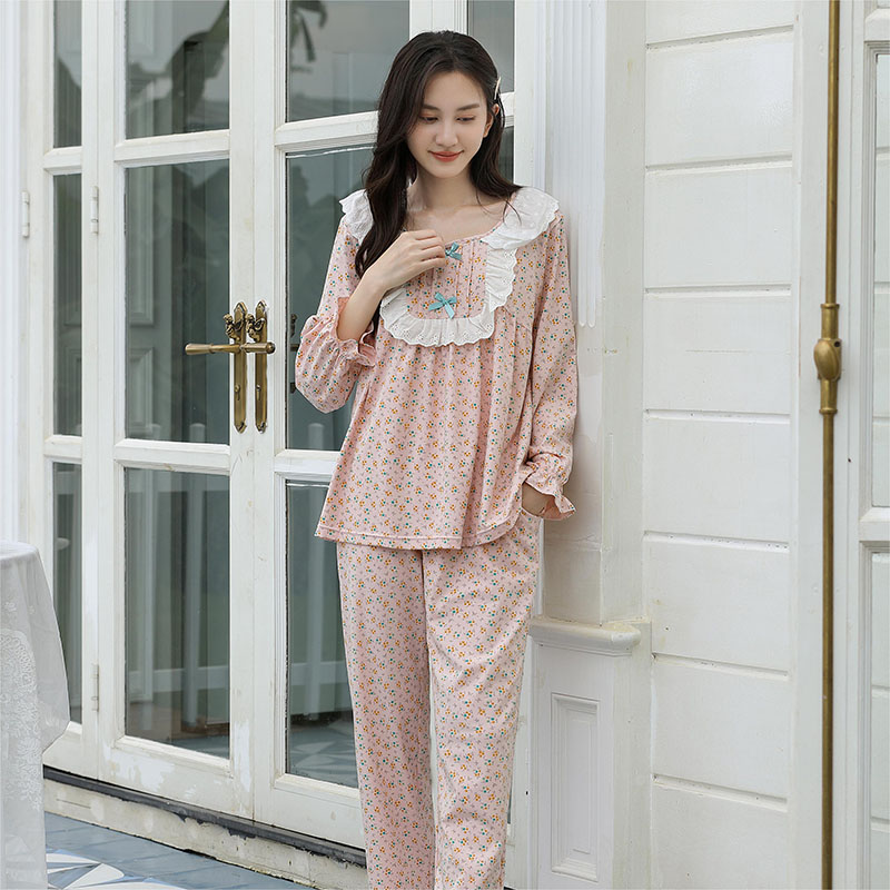 Sweet Style Pajamas For Women Spring And Autumn Long-Sleeved Pure Cotton Small Floral Lace Home Wear Set