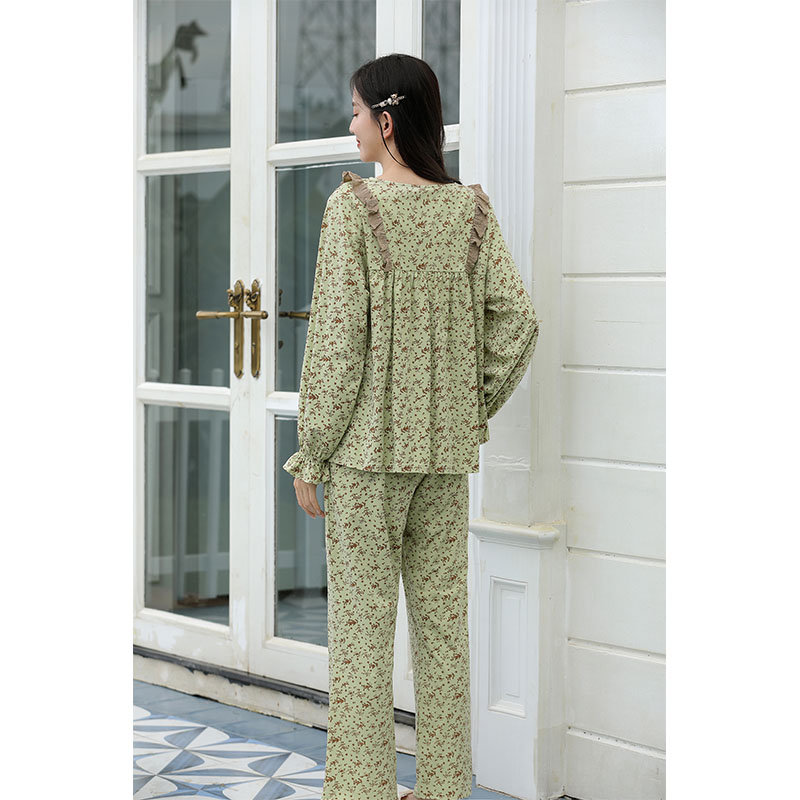 Sweet Style Pajamas For Women Spring And Autumn Long-Sleeved Pure Cotton Small Floral Home Wear Set