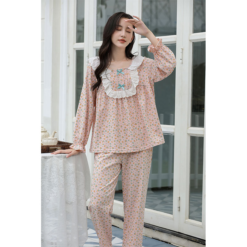 Sweet Style Pajamas For Women Spring And Autumn Long-Sleeved Pure Cotton Small Floral Lace Home Wear Set