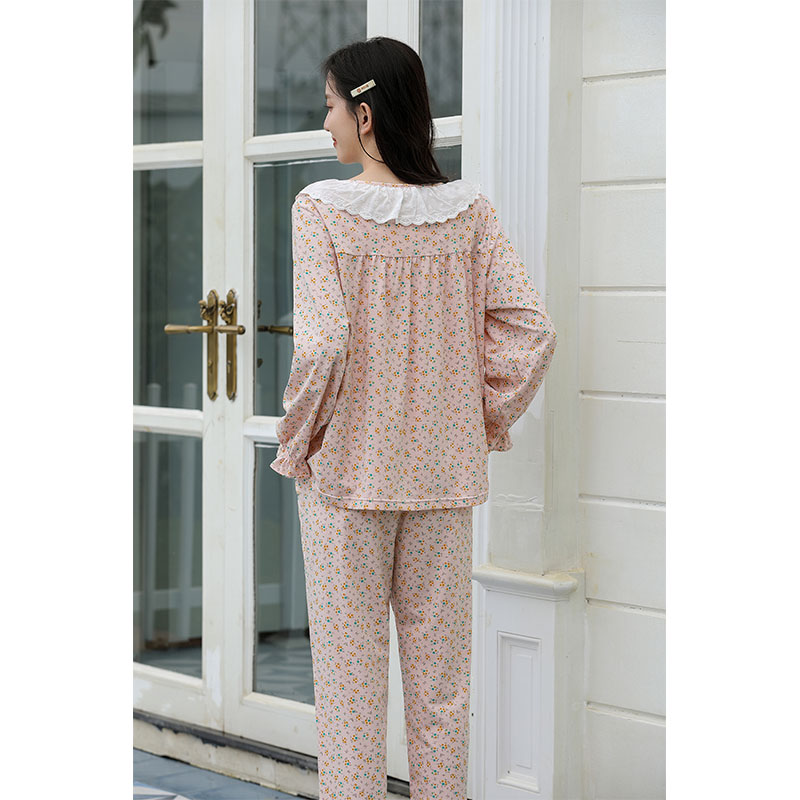 Sweet Style Pajamas For Women Spring And Autumn Long-Sleeved Pure Cotton Small Floral Lace Home Wear Set