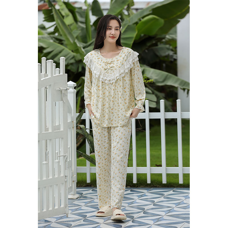 Sweet Style Pajamas For Women Spring And Autumn Long-Sleeved Pure Cotton Small Floral Lace Home Wear Set