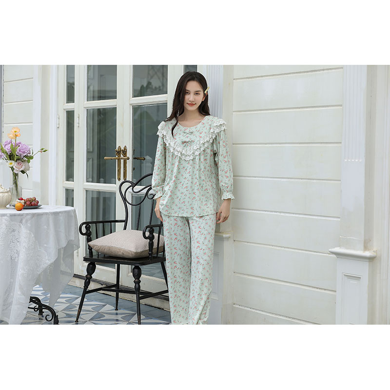 Sweet Style Pajamas For Women Spring And Autumn Long-Sleeved Pure Cotton Small Floral Lace Home Wear Set