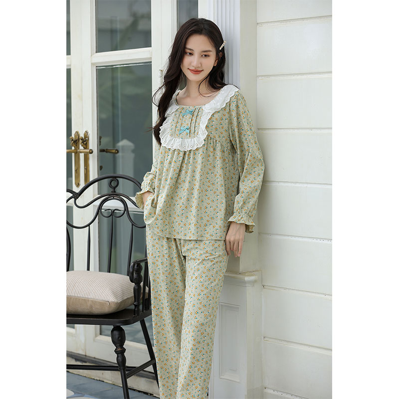 Sweet Style Pajamas For Women Spring And Autumn Long-Sleeved Pure Cotton Small Floral Lace Home Wear Set