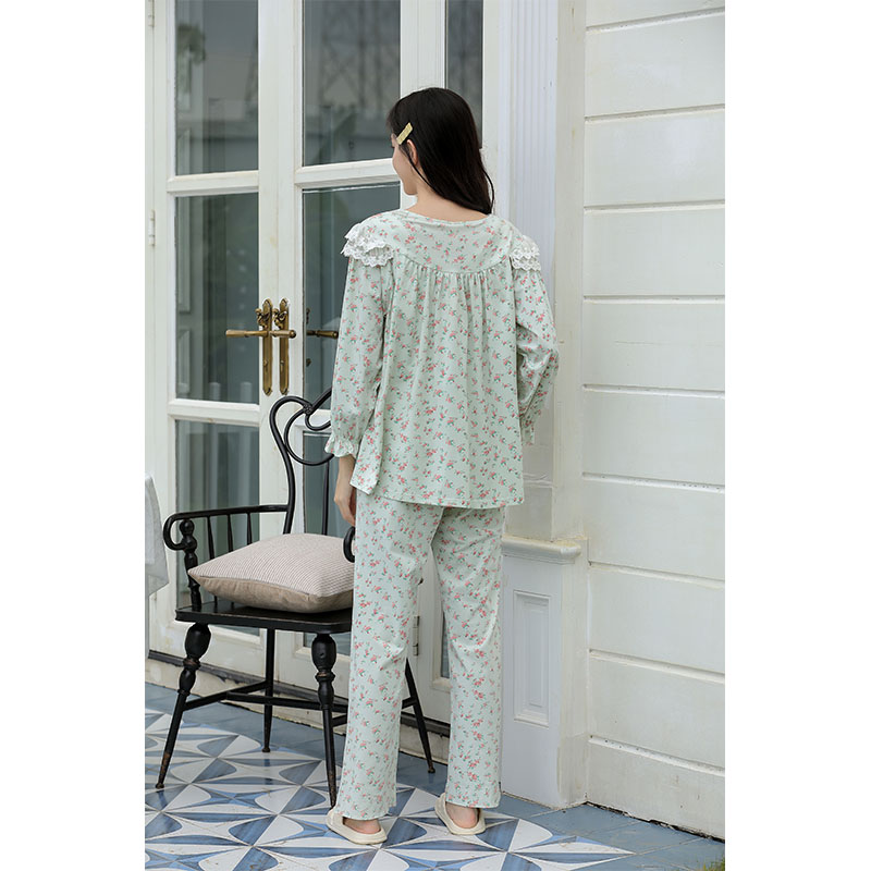 Sweet Style Pajamas For Women Spring And Autumn Long-Sleeved Pure Cotton Small Floral Lace Home Wear Set