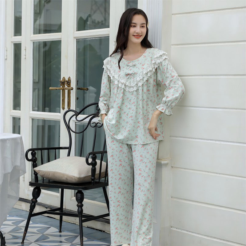 Sweet Style Pajamas For Women Spring And Autumn Long-Sleeved Pure Cotton Small Floral Lace Home Wear Set