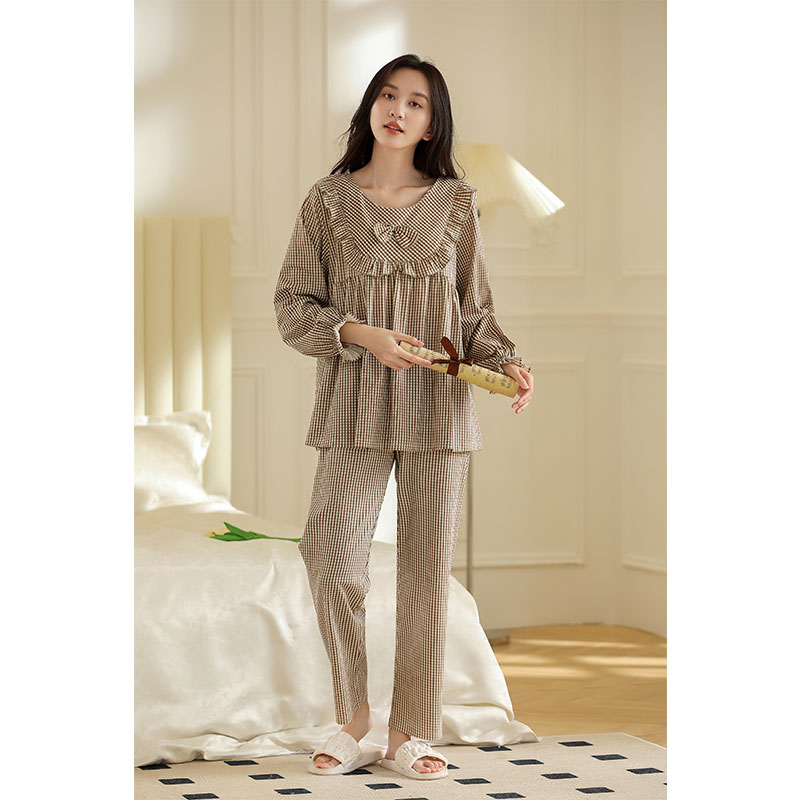 Premium Plaid Long-Sleeved Pure Cotton Pajamas Spring And Autumn Home Wear Trousers