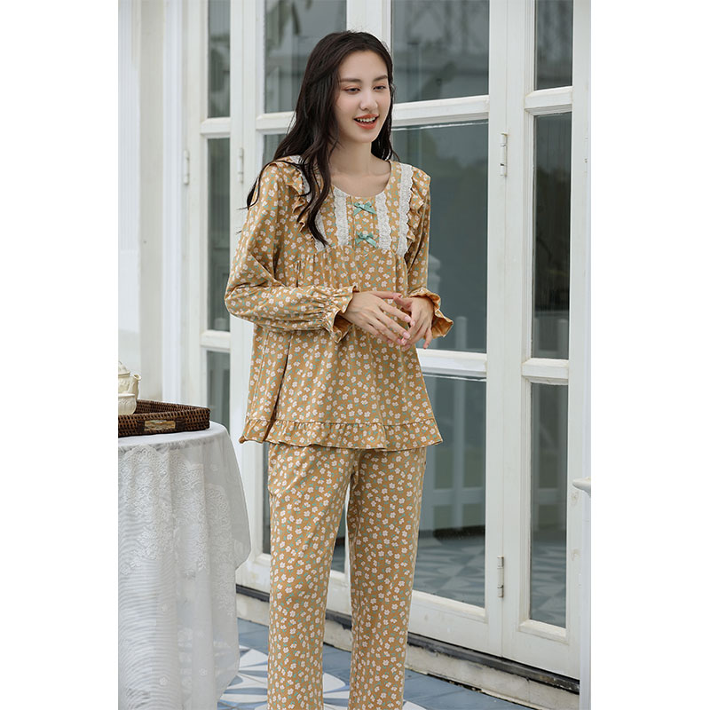 Sweet Style Pajamas For Women Spring And Autumn Long-Sleeved Pure Cotton Small Floral Lace Home Wear Set