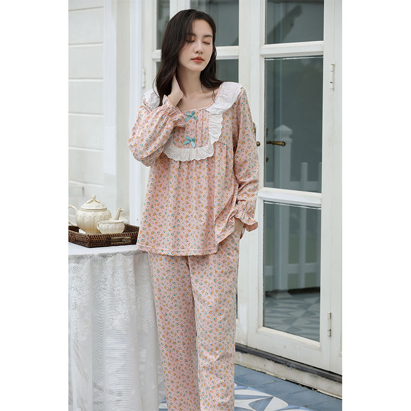 Sweet Style Pajamas For Women Spring And Autumn Long-Sleeved Pure Cotton Small Floral Lace Home Wear Set