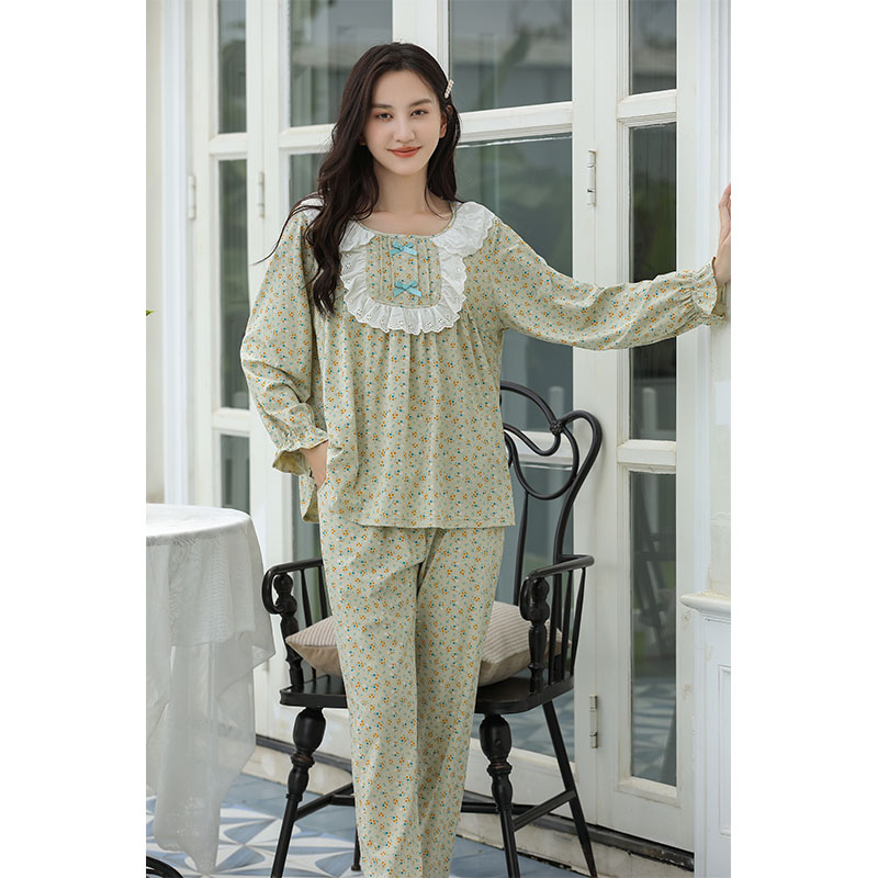 Sweet Style Pajamas For Women Spring And Autumn Long-Sleeved Pure Cotton Small Floral Lace Home Wear Set