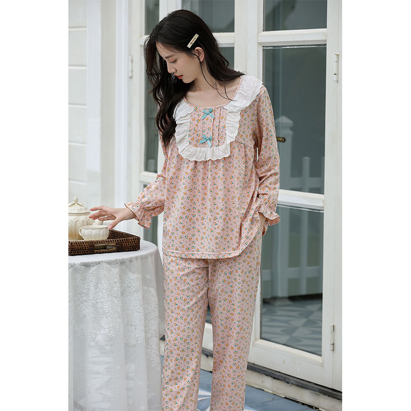 Sweet Style Pajamas For Women Spring And Autumn Long-Sleeved Pure Cotton Small Floral Lace Home Wear Set