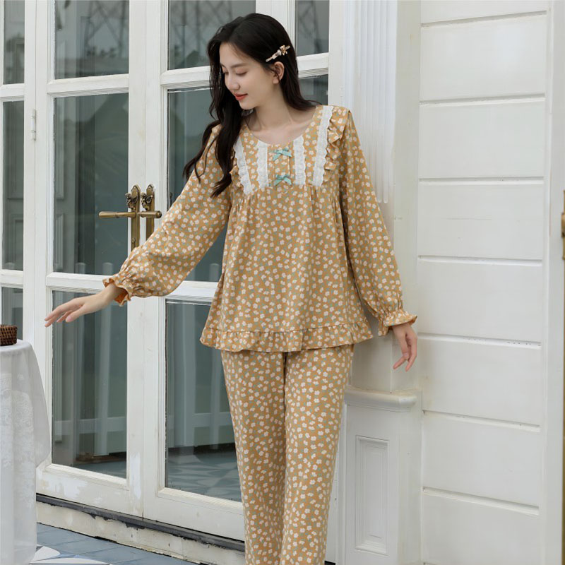 Sweet Style Pajamas For Women Spring And Autumn Long-Sleeved Pure Cotton Small Floral Lace Home Wear Set