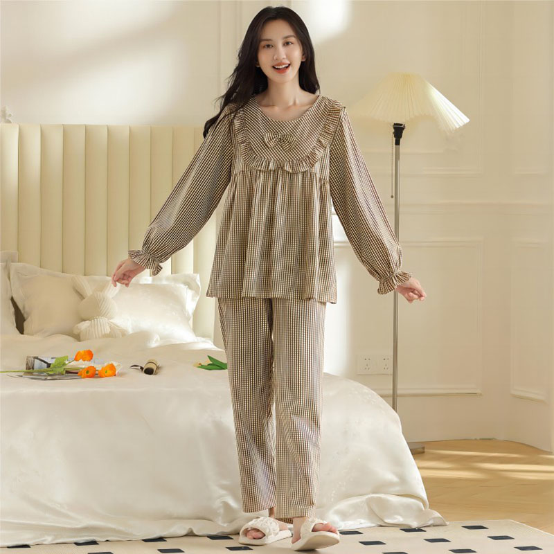 Premium Plaid Long-Sleeved Pure Cotton Pajamas Spring And Autumn Home Wear Trousers