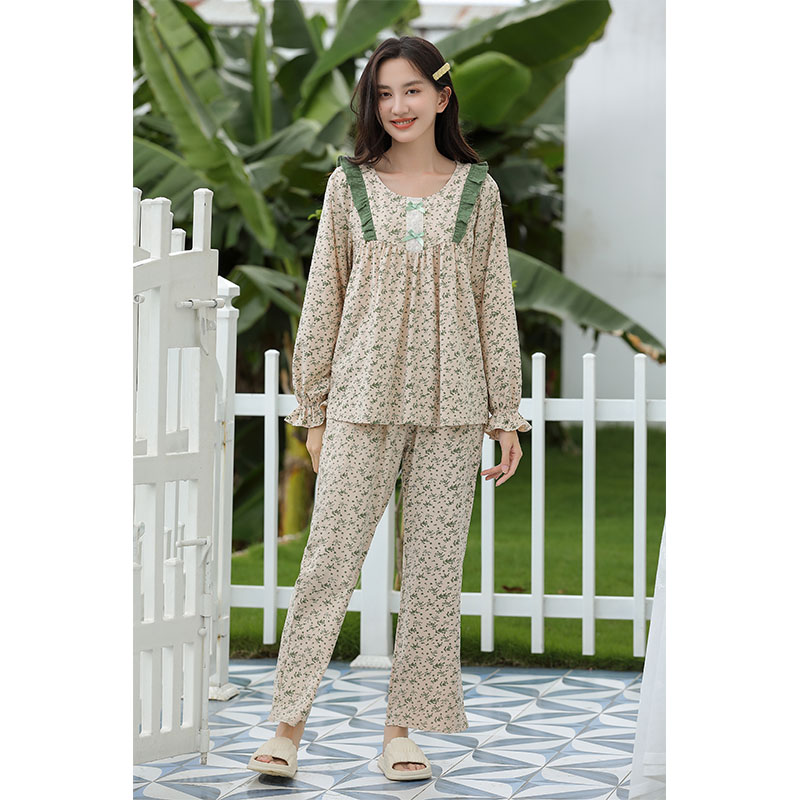 Sweet Style Pajamas For Women Spring And Autumn Long-Sleeved Pure Cotton Small Floral Home Wear Set