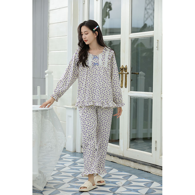 Sweet Style Pajamas For Women Spring And Autumn Long-Sleeved Pure Cotton Small Floral Lace Home Wear Set