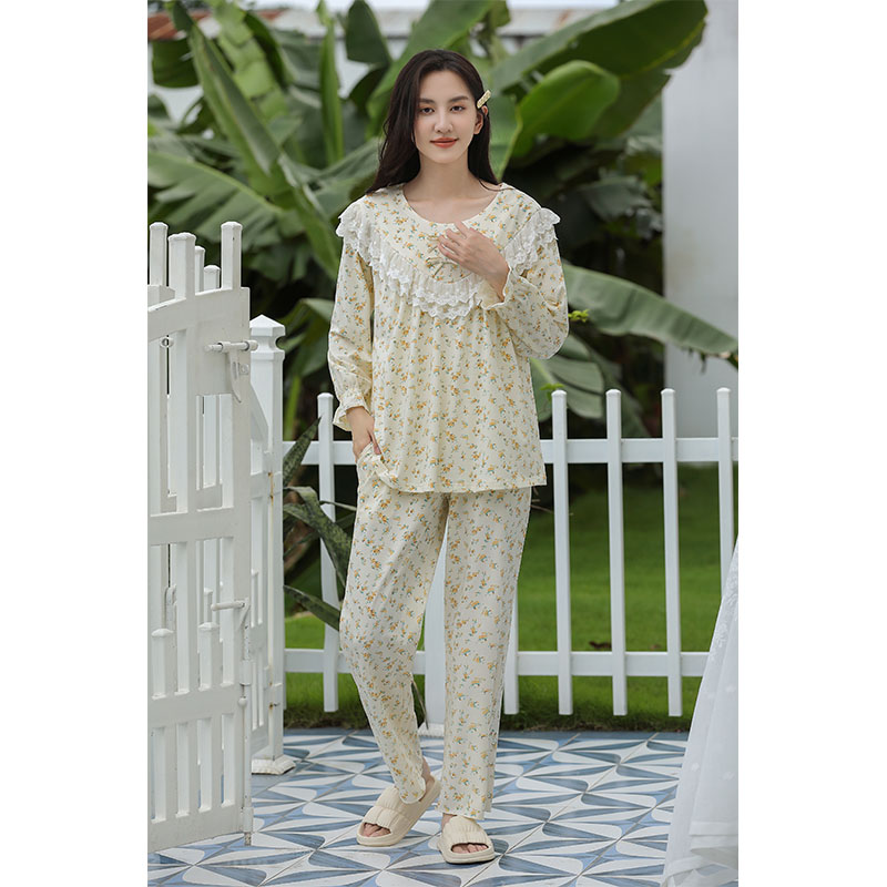 Sweet Style Pajamas For Women Spring And Autumn Long-Sleeved Pure Cotton Small Floral Lace Home Wear Set