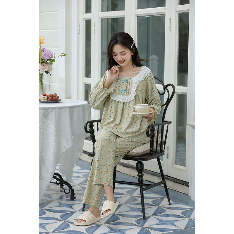 Sweet Style Pajamas For Women Spring And Autumn Long-Sleeved Pure Cotton Small Floral Lace Home Wear Set