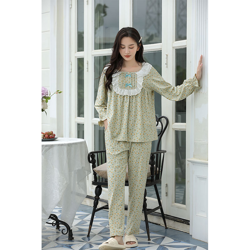 Sweet Style Pajamas For Women Spring And Autumn Long-Sleeved Pure Cotton Small Floral Lace Home Wear Set