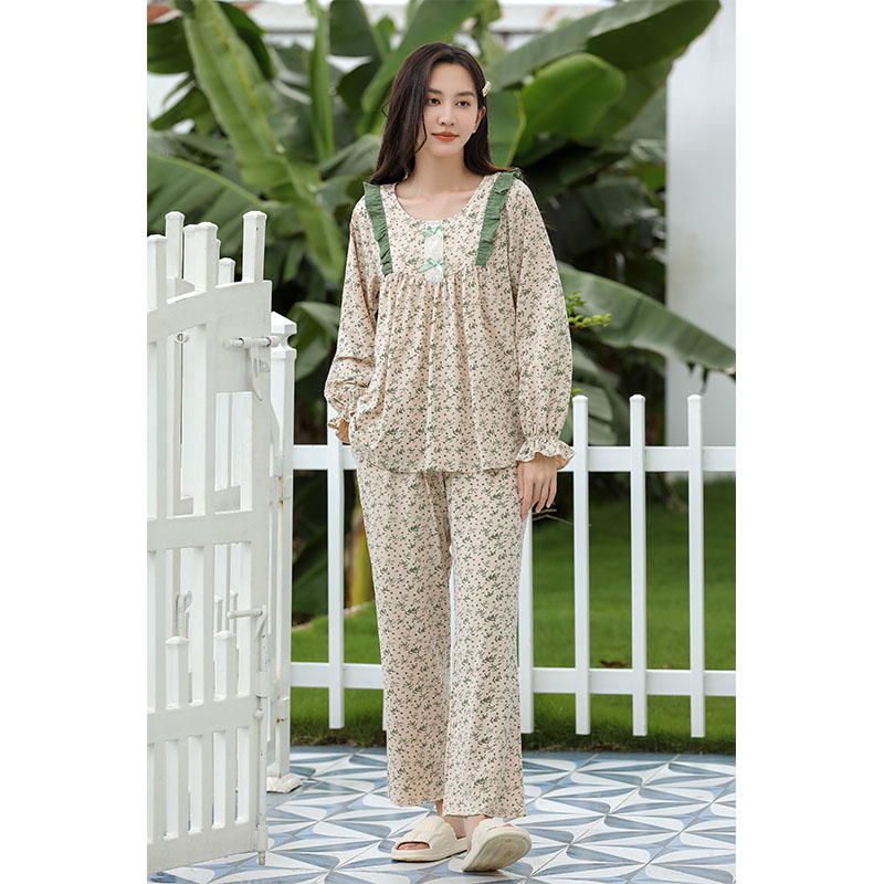 Sweet Style Pajamas For Women Spring And Autumn Long-Sleeved Pure Cotton Small Floral Home Wear Set