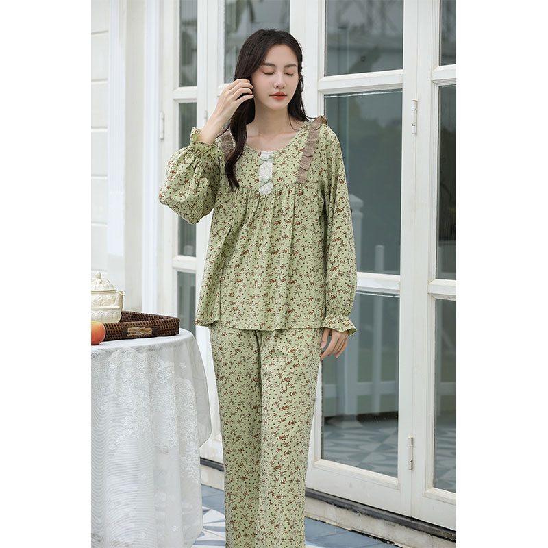 Sweet Style Pajamas For Women Spring And Autumn Long-Sleeved Pure Cotton Small Floral Home Wear Set