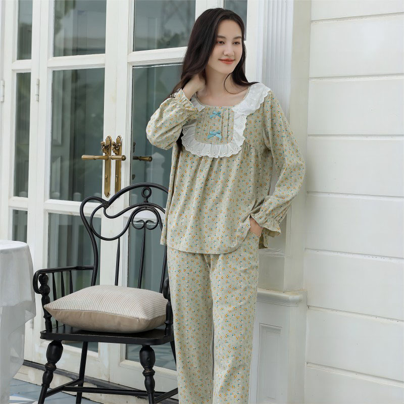 Sweet Style Pajamas For Women Spring And Autumn Long-Sleeved Pure Cotton Small Floral Lace Home Wear Set