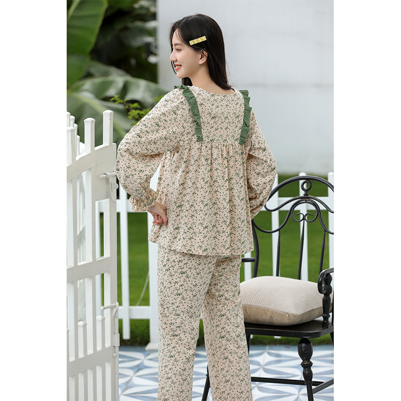 Sweet Style Pajamas For Women Spring And Autumn Long-Sleeved Pure Cotton Small Floral Home Wear Set