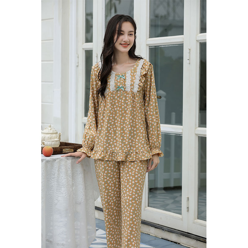 Sweet Style Pajamas For Women Spring And Autumn Long-Sleeved Pure Cotton Small Floral Lace Home Wear Set