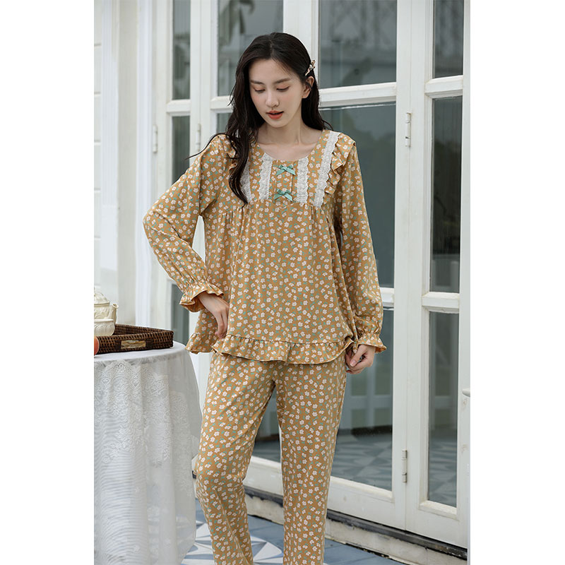 Sweet Style Pajamas For Women Spring And Autumn Long-Sleeved Pure Cotton Small Floral Lace Home Wear Set