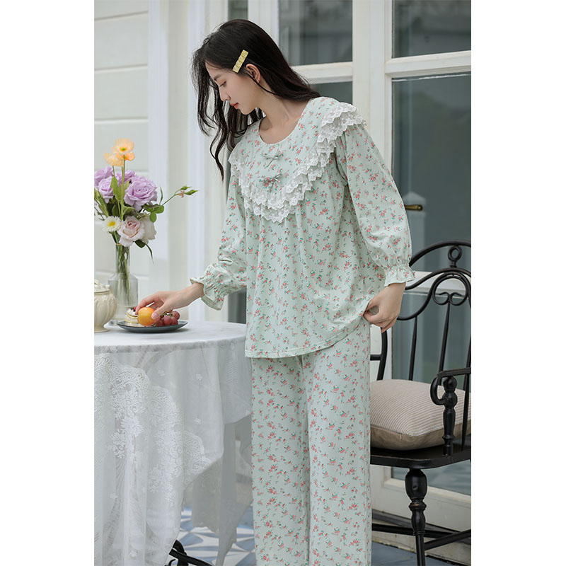 Sweet Style Pajamas For Women Spring And Autumn Long-Sleeved Pure Cotton Small Floral Lace Home Wear Set