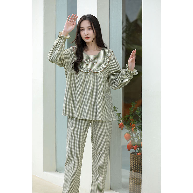 Premium Plaid Long-Sleeved Pure Cotton Pajamas Spring And Autumn Home Wear Trousers