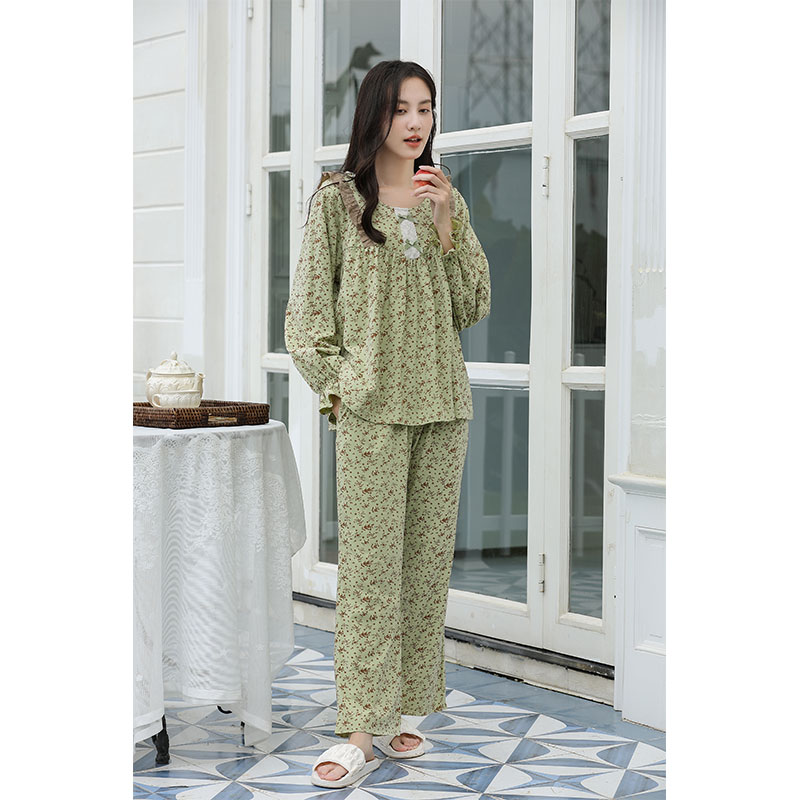 Sweet Style Pajamas For Women Spring And Autumn Long-Sleeved Pure Cotton Small Floral Home Wear Set