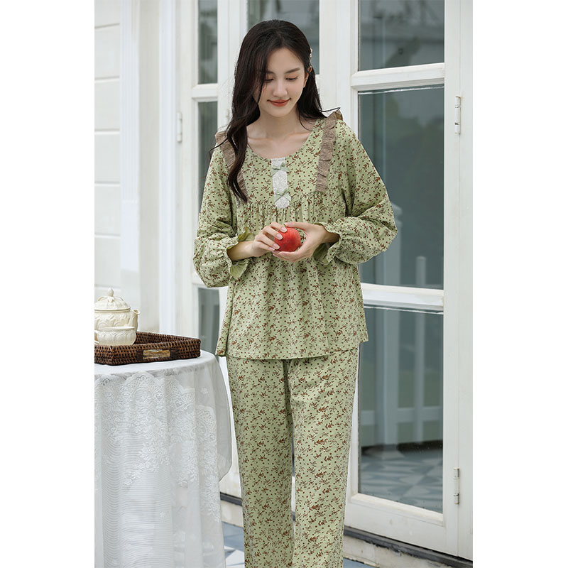 Sweet Style Pajamas For Women Spring And Autumn Long-Sleeved Pure Cotton Small Floral Home Wear Set