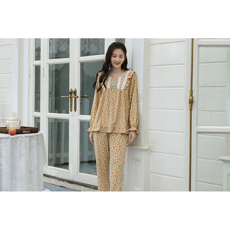 Sweet Style Pajamas For Women Spring And Autumn Long-Sleeved Pure Cotton Small Floral Lace Home Wear Set