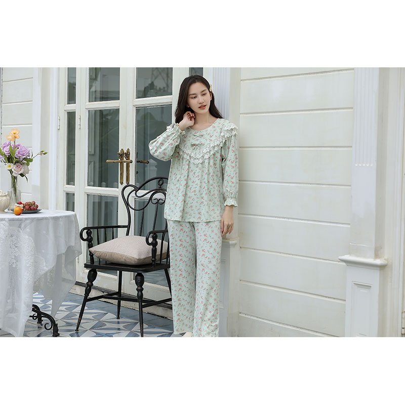 Sweet Style Pajamas For Women Spring And Autumn Long-Sleeved Pure Cotton Small Floral Lace Home Wear Set