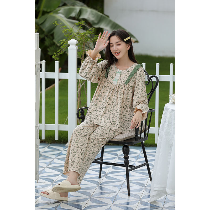 Sweet Style Pajamas For Women Spring And Autumn Long-Sleeved Pure Cotton Small Floral Home Wear Set