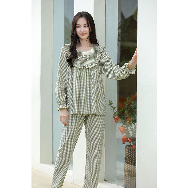 Premium Plaid Long-Sleeved Pure Cotton Pajamas Spring And Autumn Home Wear Trousers